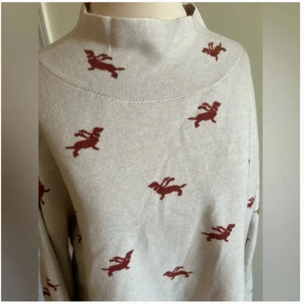 Anthropologie Maeve The Carys Mock-Neck Sweater dachshund dog graphics size XL - Picture 3 of 10